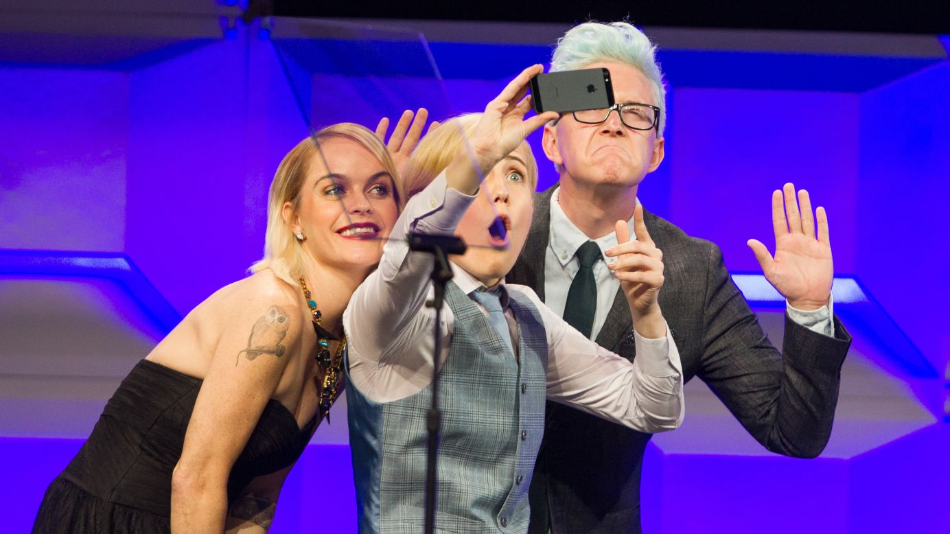 From left, actress Taryn Manning, comedian Hannah Hart and YouTube personality Tyler Oakley take a selfie together at the GLAAD Gala in San Francisco on Saturday, September 13.