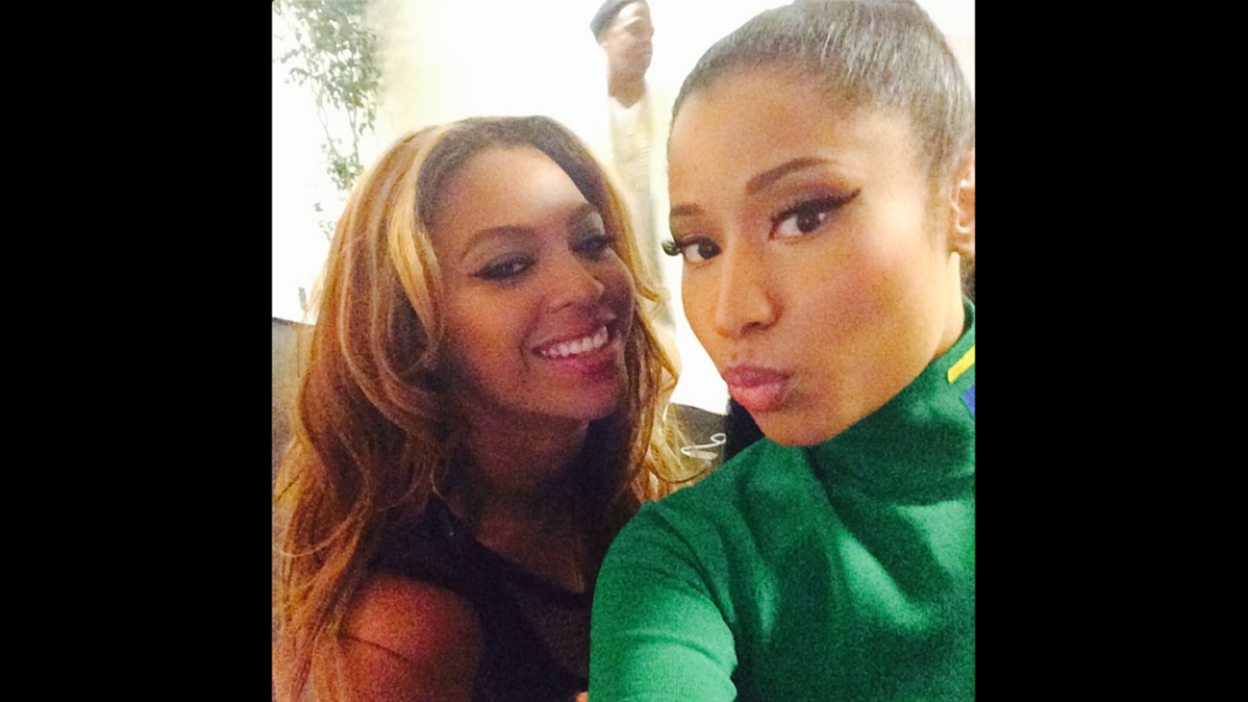 Rapper Nicki Minaj, right, snaps a selfie with singer Beyonce on Friday, September 12. The two performed together during a Beyonce concert in Paris. "The QUEEN, could never thank you enough," Minaj <a href="http://instagram.com/p/s3HhZML8fd/" target="_blank" target="_blank">said on Instagram.</a>