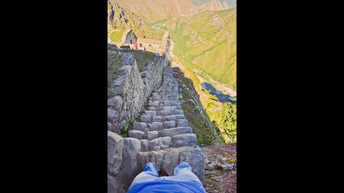 There are 600 feet or so of steep, granite stairs carved by the Inca carved more than 500 years ago into the side of Huayna Picchu at Machu Picchu. The stairs lead to the rarely visited Moon Temple.