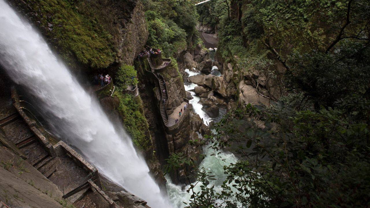 Ecuador's Pailon del Diablo Waterfall —in English, the Devil's Cauldron—are slippery from the mist of the falls. Tread carefully. 