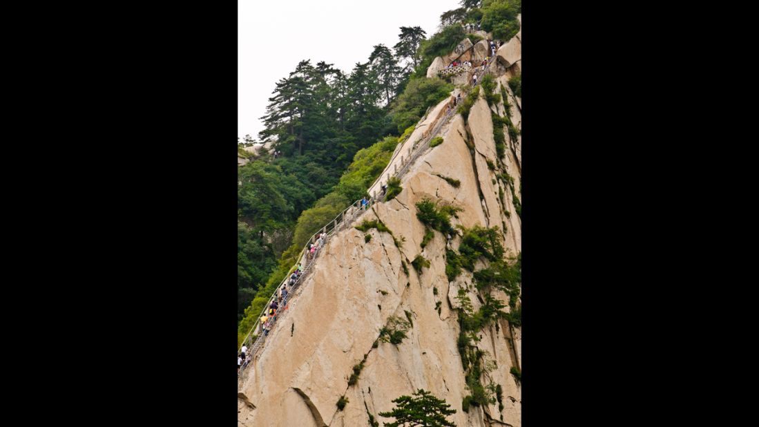 Mt Huashan China, Steep steps to the mountain top. Carved t…