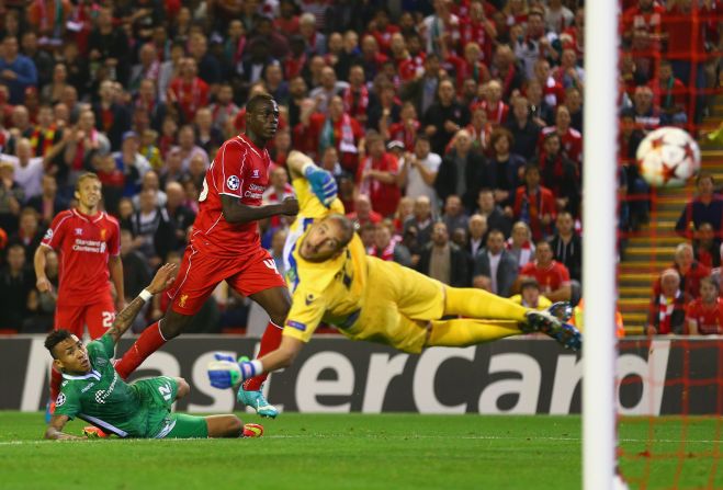 Striker Mario Balotelli registered his first goal for his new club Liverpool late in its European Champions League tie with Bulgarian minnows Ludogorets, prodding home neatly from inside the area.