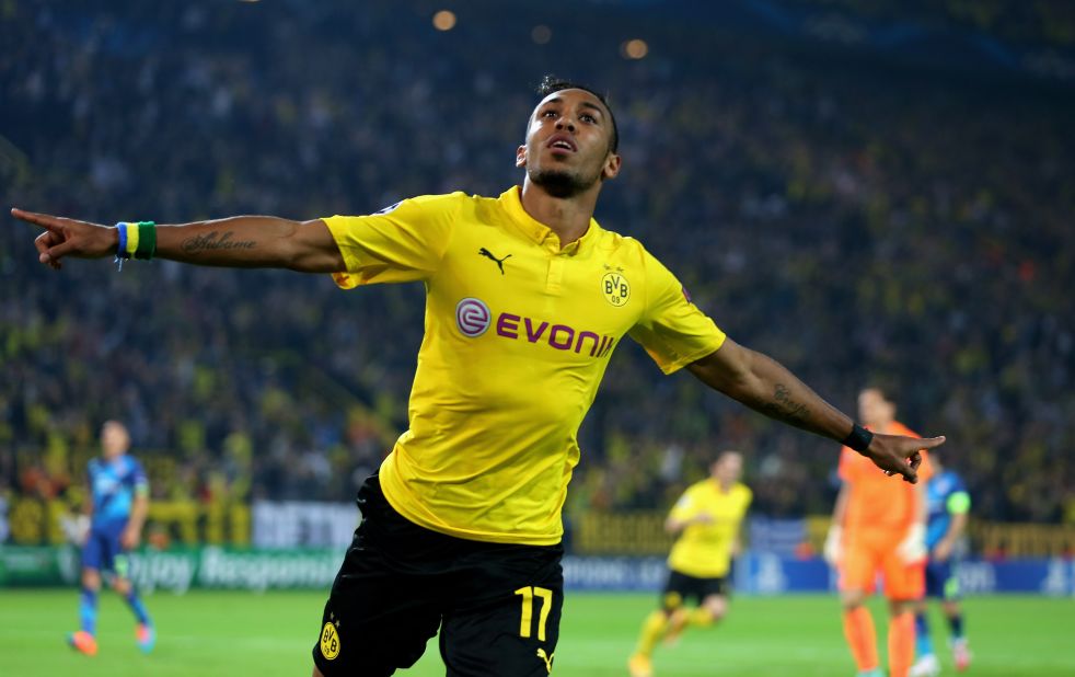 Pierre-Emmerick Aubameyang celebrates scoring Borussia Dortmund's second goal as it beat English side Arsenal 2-0 in Germany.