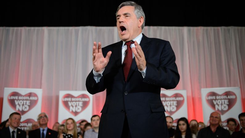 Former British Prime Minister Gordon Brown speaks at a rally against Scottish independence Wednesday, September 17, in Glasgow, Scotland. Scots <a href="index.php?page=&url=http%3A%2F%2Fwww.cnn.com%2F2014%2F09%2F09%2Fworld%2Feurope%2Fscottish-referendum-explainer%2Findex.html">will head to the polls</a> on Thursday, September 18, to vote on a referendum that could end Scotland's 307-year union with England and Wales as Great Britain -- and launch it into the world as an independent nation.