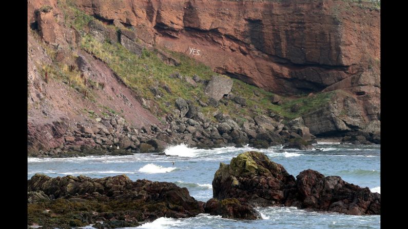 A spray-painted "yes" for independence is seen on the cliffs in Eyemouth, which is on Scotland's North Sea coast, on September 16.