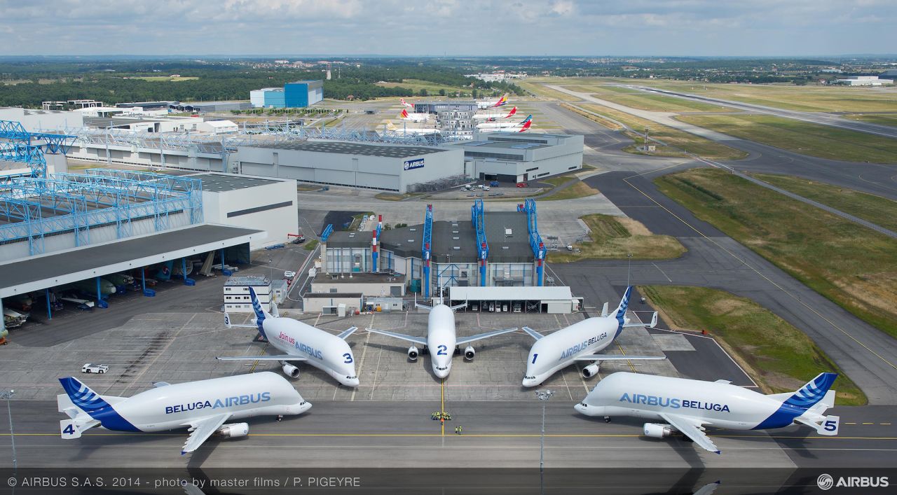 Airbus operates a fleet of five Beluga cargo airlifters, which together perform more than 60 flights each week to transport components for the company's jetliners between 11 sites in Europe. 