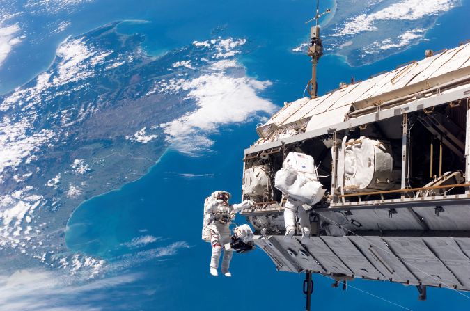 Astronauts conduct extravehicular activity on the International Space Station.