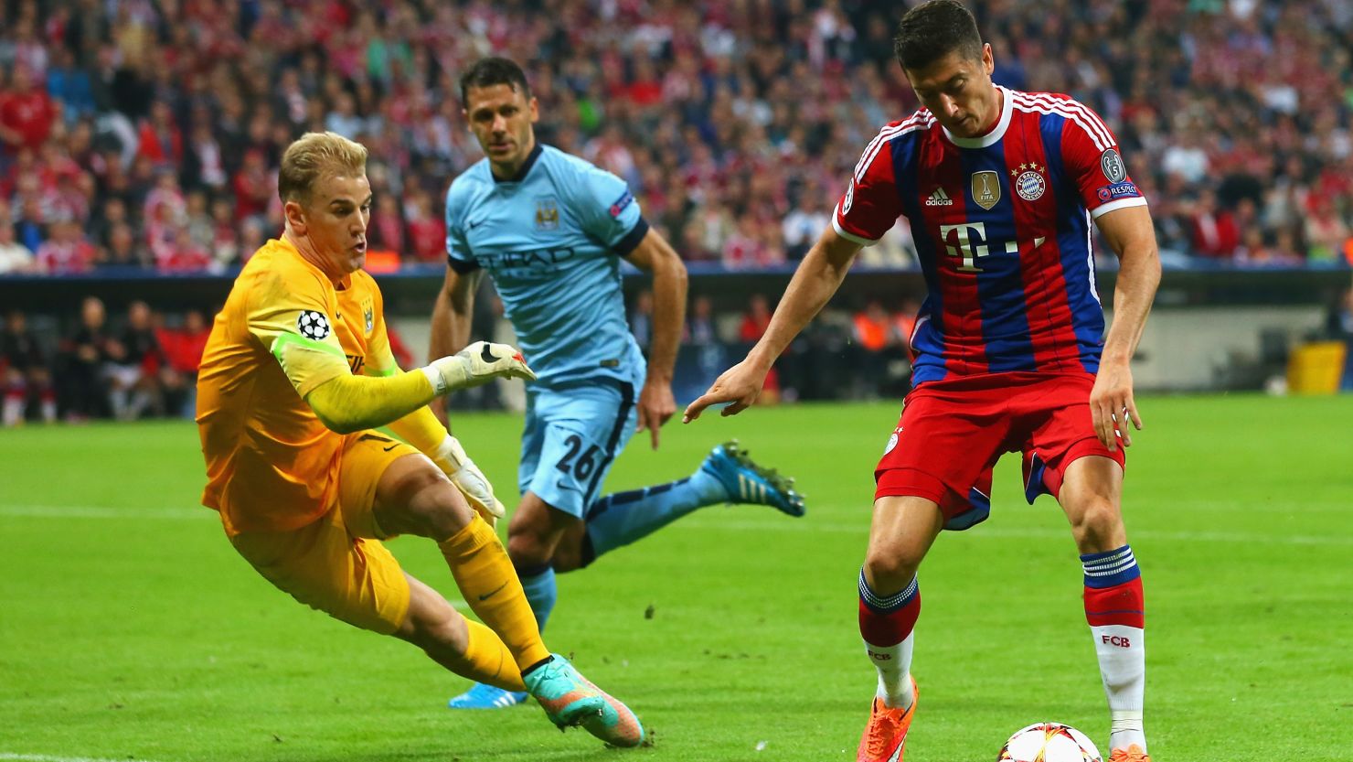 Manchester City goalkeeper Joe Hart produced a number of impressive saves to frustrate Bayern Munich.