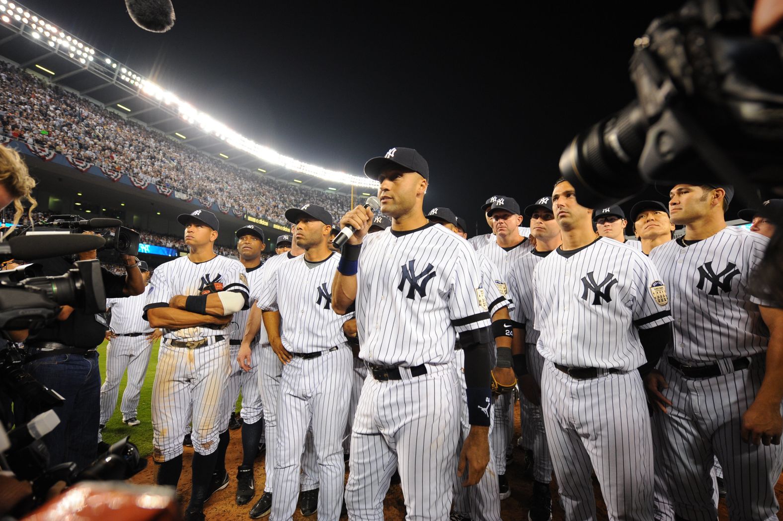 Jeter addresses the crowd after the Yankees played their final game at the old Yankee Stadium in September 2008.
