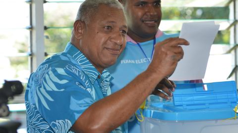 Fiji's leader Voreqe "Frank" Bainimarama casts his vote in the country's first election in eight years.
