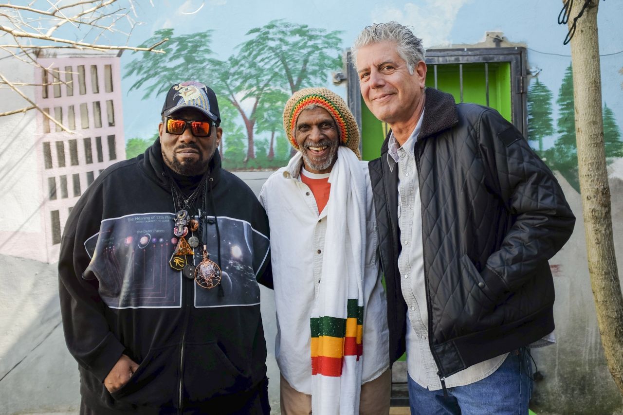 Hip-hop pioneer Afrika Bambaataa, Baba Rashan Abdul Hakim and Bourdain at Sundial.
