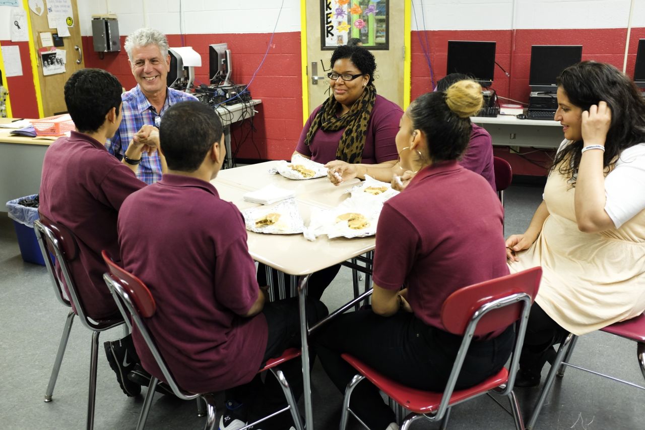 Bourdain sits in for lunch as students from the Bronx Academy of Letters chow down on their neighborhood staple, chopped cheese.