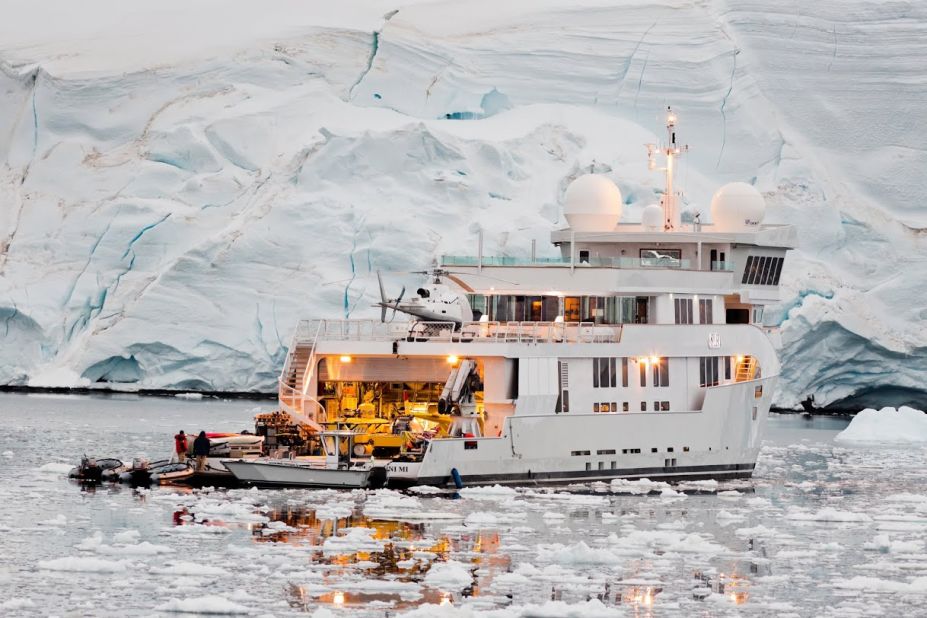 The sub can be loaded onto a superyacht, such as this one pictured during an expedition to Antarctica.