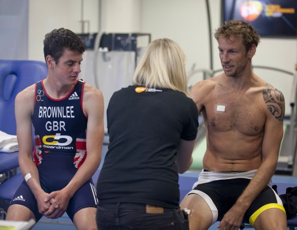 Jonathan Brownlee and Button undergo sweat-patch testing following their arduous cycling test. The HPL scrutinizes sporting performance in six key areas: stamina, strength, cognition, hydration, metabolism and recovery. 