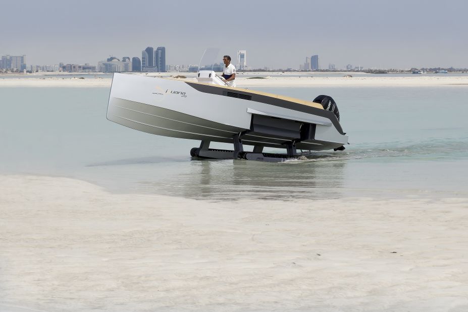 Iguana by name, Iguana by nature. This unusual looking speed boat has "legs" which allow it to "walk" out of the water.