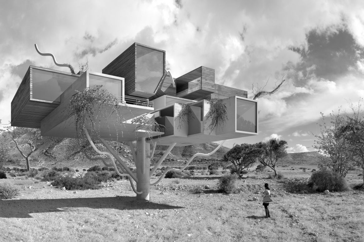 "Interacciones" es una serie de imágenes retocadas en donde la naturaleza se fusiona con la arquitectura. El resultado es un conjunto de hábitats futuristas que impactan con su realismo, como la casa del árbol geométrica que se observa en la foto. <br /> 