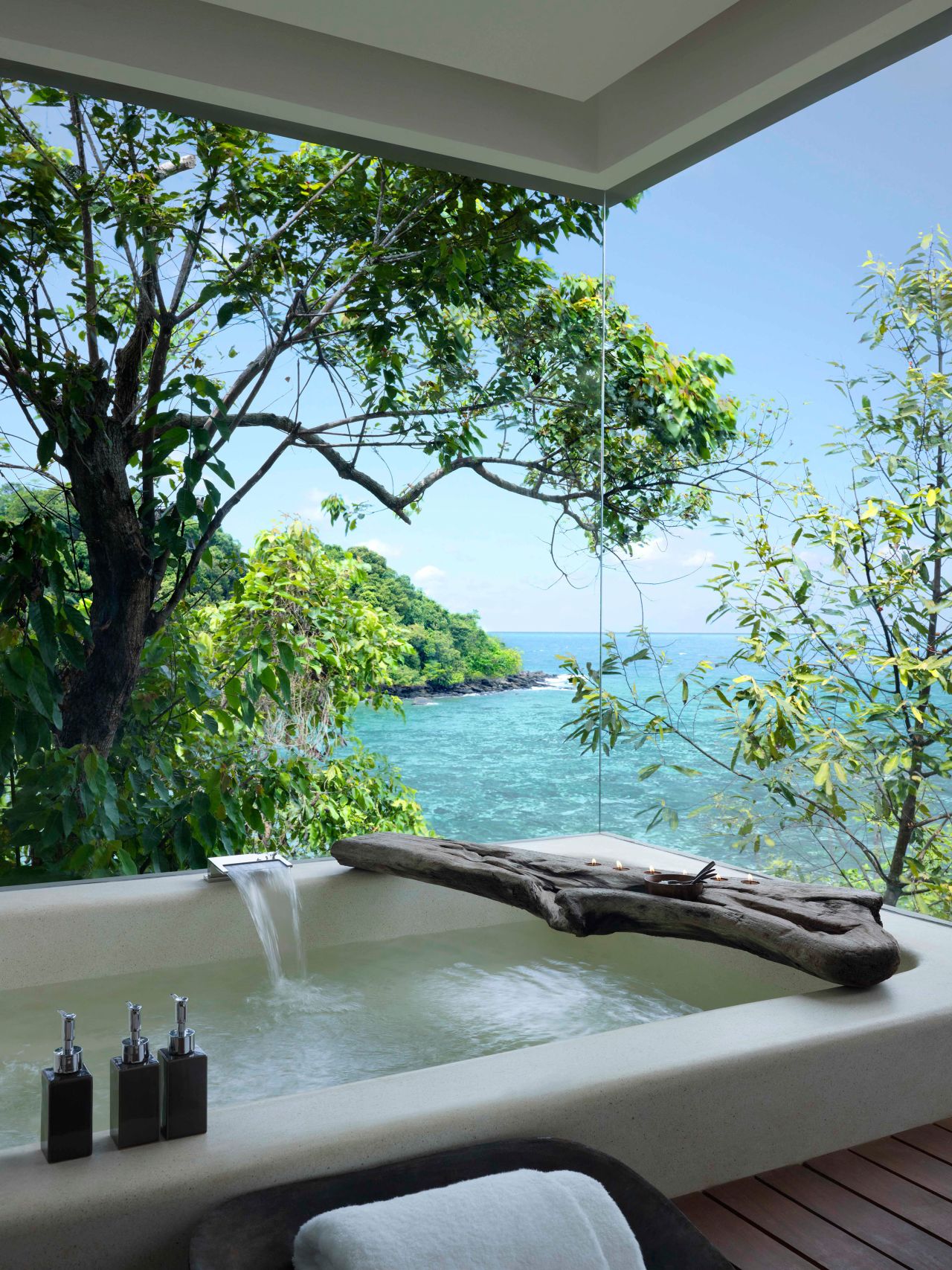 Terrazzo composite-stone bathtubs have views of the Gulf of Thailand at Song Saa, a private island hideaway in southern Cambodia.
