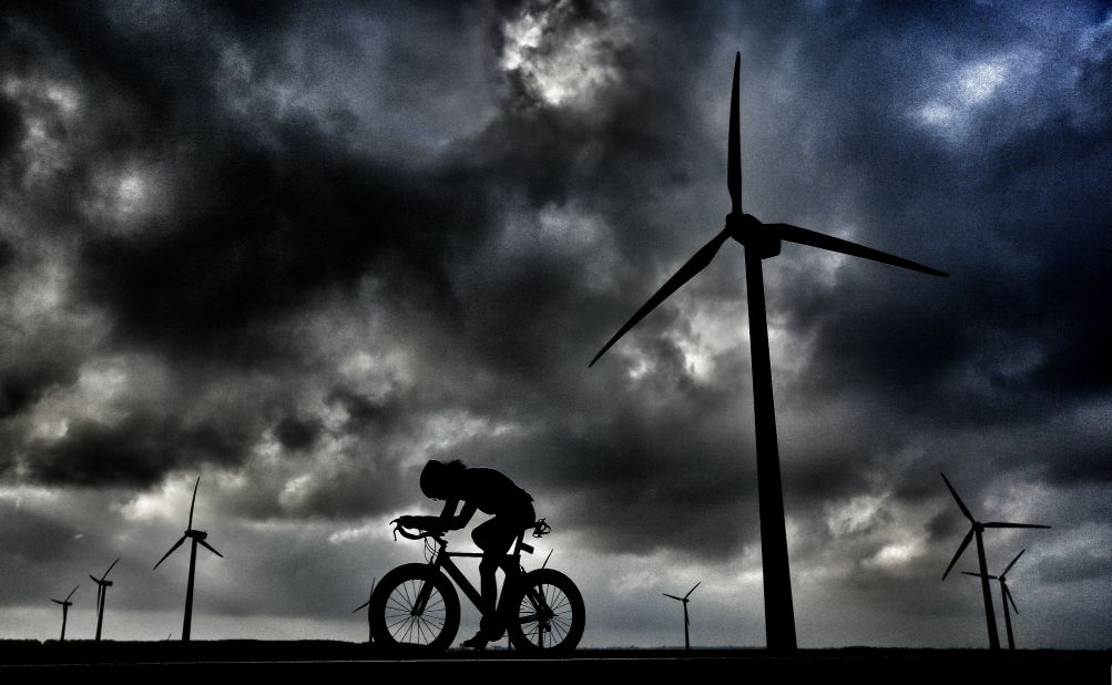 "I really liked this shot of a single cyclist set against the windmills," said Crowhurst, of this dark image taken at the Challenge Almere event in the Netherlands.
