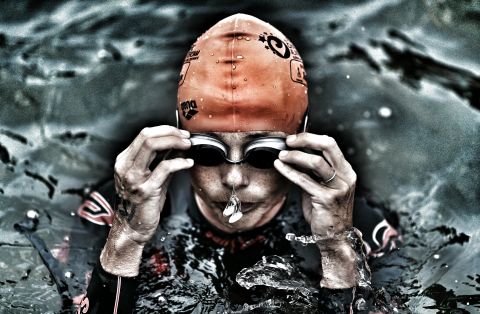 One last deep breath before this competitor prepares to take on chilling waters at the Challenge Almere event in the Netherlands.