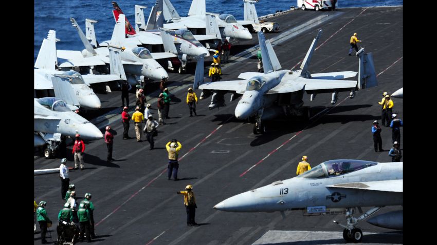 F/A-18s, flying off the aircraft carrier George W. Bush.