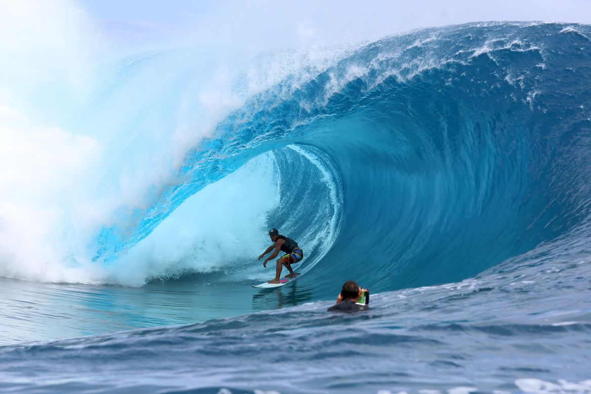 Heiarii Williams is a leading contender on the ASP World Surfing Tour but deploying his skills here during the filming in Teahupoo. 