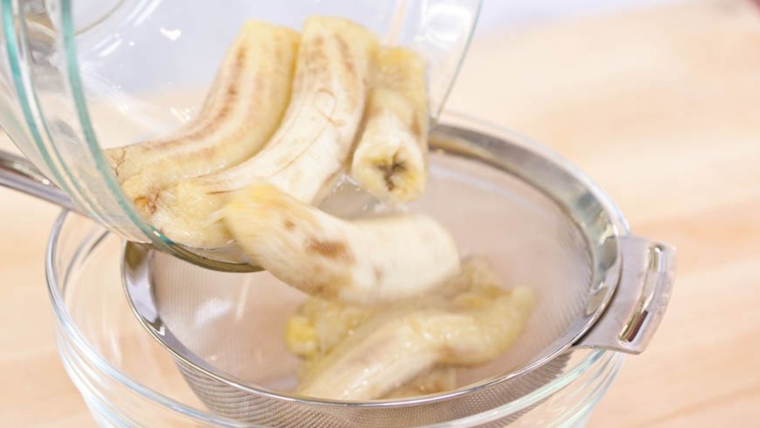 5. Transfer bananas to fine-mesh strainer set over bowl and let drain, stirring occasionally for 15 minutes (you should have 1/2 to 3/4 cup liquid).