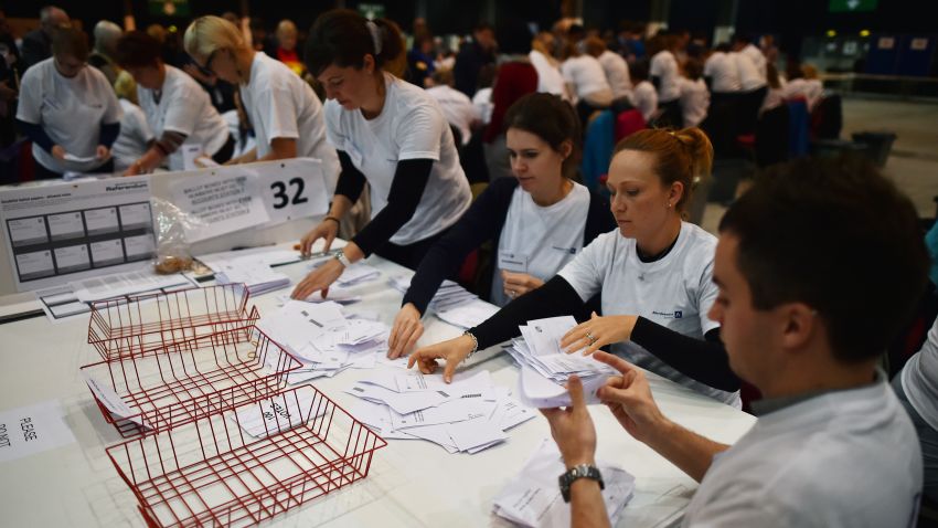 Ballot papers are counted in the Aberdeen Exhibition and Conference Centre in Aberdeen, on September 18, 2014, immediately after the polls close in the referendum on Scotland's independence. The question for voters at Scotland's more than 5,000 polling stations is 'Should Scotland be an independent country?' and they are asked to mark either 'Yes' or 'No'. The result is expected in the early hours of Friday.AFP PHOTO / BEN STANSALL        (Photo credit should read )