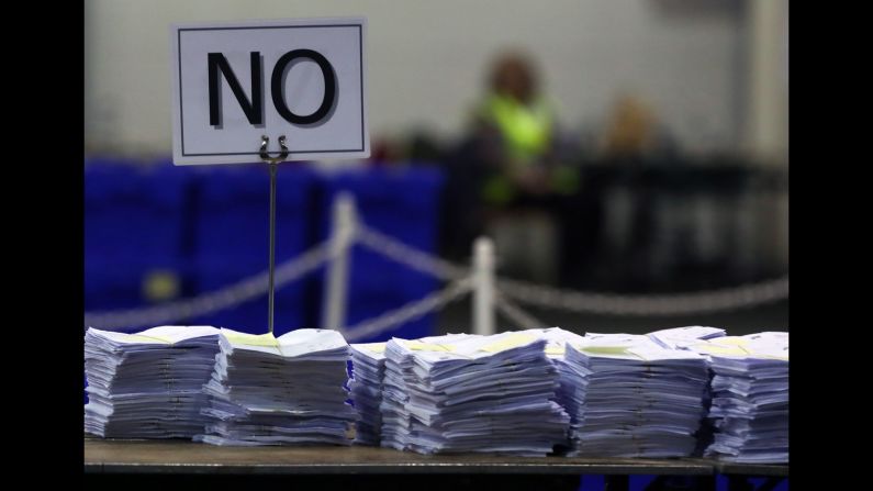 Ballots cast against Scottish independence are stacked on a table as votes are counted in Edinburgh, Scotland, on Friday, September 19. A majority of voters -- 55% to 45% -- <a href="http://www.cnn.com/2014/09/18/europe/gallery/scotland-independence-vote/index.html">rejected the possibility</a> of Scotland breaking away from the United Kingdom and becoming an independent nation.