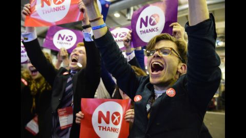 People opposed to Scottish independence celebrate the final results of a historic referendum Friday, September 19, in Edinburgh, Scotland. A majority of voters -- 55% to 45% -- rejected the possibility of Scotland breaking away from the United Kingdom and becoming an independent nation.