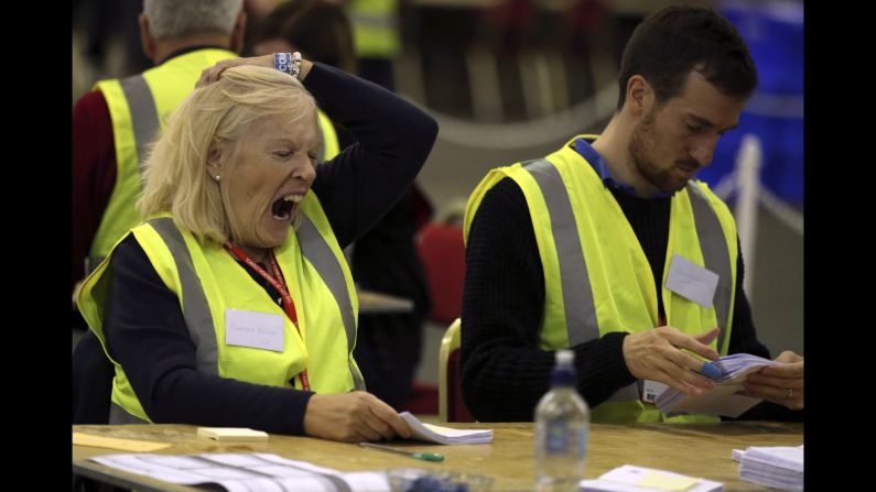 Ballot counting was tiring for staffers working through the night at the Royal Highland Centre in Edinburgh.