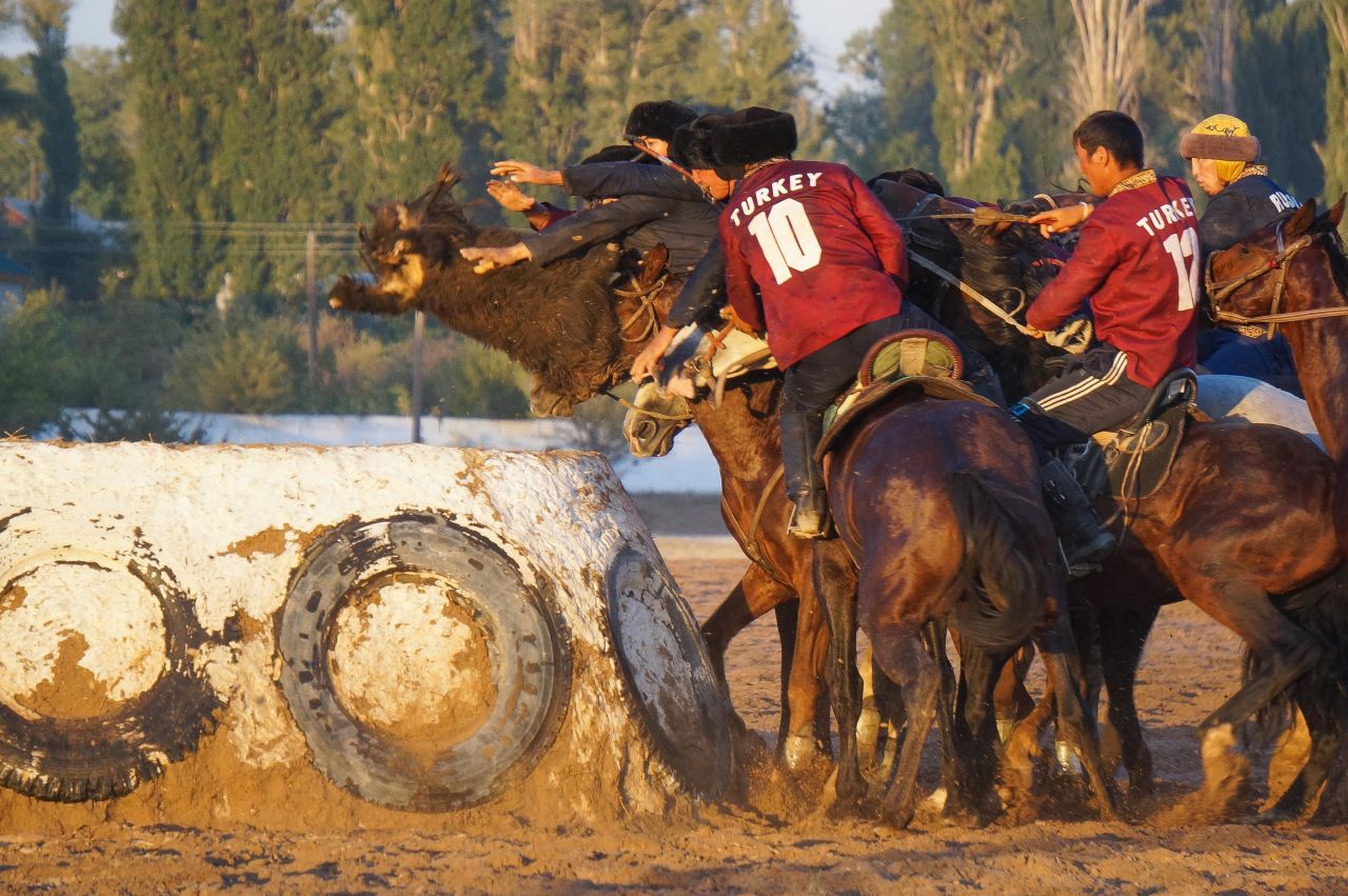 Kok boru was perhaps the most brutal -- and popular -- event. Two teams of men on horses attempt to send the carcass of a headless goat into their opponent's goal. 