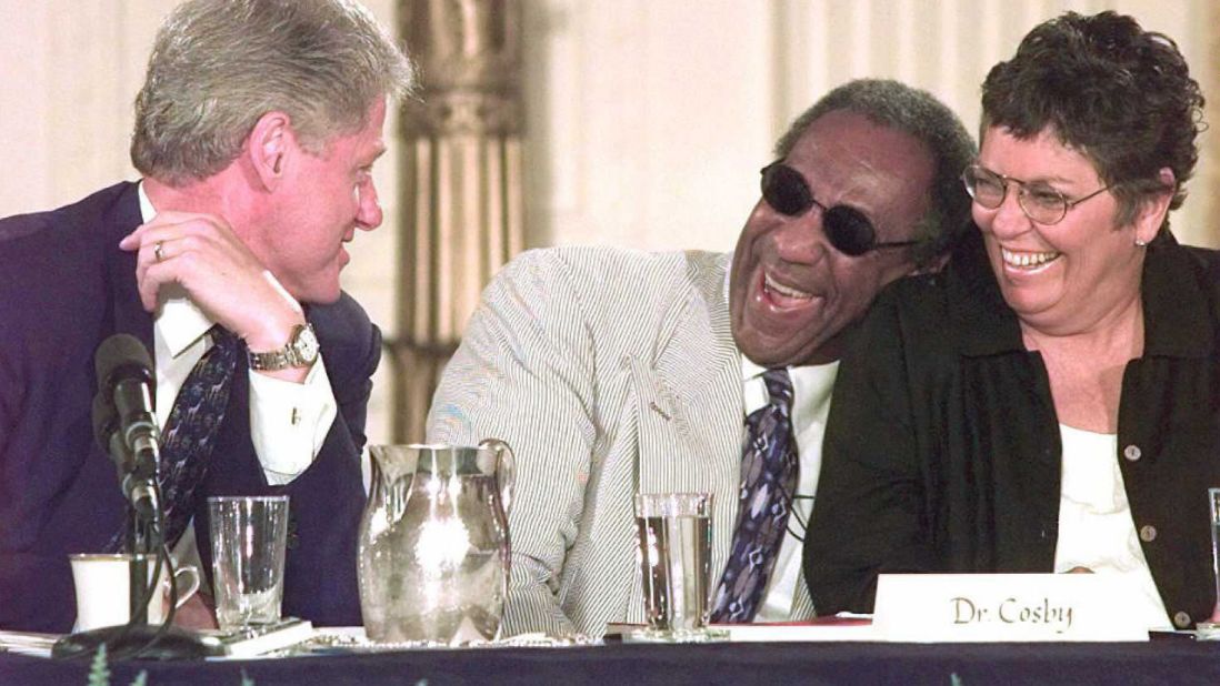 President Bill Clinton chats with Cosby and TV correspondent Linda Ellerbee at a 1996 conference on children's television. Cosby, who has a doctorate in education, is a strong believer in using television to send educational messages.