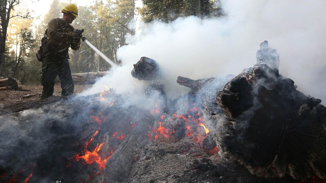 A U.S. Forest Service firefighter pours water on burning embers while clearing hot spots of the King Fire near Georgetown, California, on Thursday, September 18.