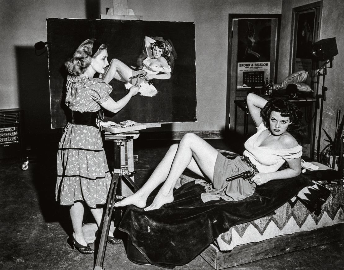 American actress Jane Russell poses for a pin-up painting