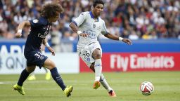 Paris Saint-Germain defender David Luiz vies for the ball with Bastia's Brandao (right) during the match at Parc des Princes in August.