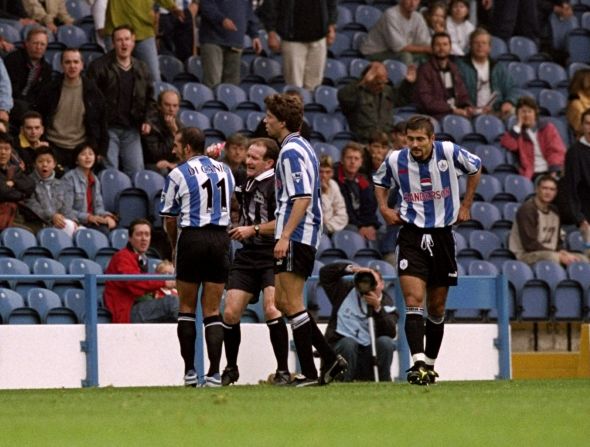 <strong>September 1998:</strong> Paolo Di Canio, left, was sent off for violent conduct in an English Premier League game against Arsenal. Di Canio didn't think much of the decision and pushed referee Paul Alcock, who stumbled backwards for several paces before finally falling over. The Italian was banned for 11 matches and fined £10,000 ($16,000).