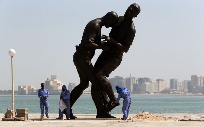 <strong>July 2006:</strong> Zinedine Zidane's headbutt on Marco Materazzi in the 2006 World Cup final was immortalized in this bronze statue titled "Coup de Tete" by French Algerian-born artist Adel Abdessemed. Even though Zidane retired after the match, he was handed a three-match ban and fined 7,500 Swiss francs ($7,990).