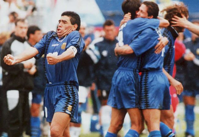 <strong>June 1994:</strong> A pumped-up Diego Maradona gestures during the 1994 World Cup. The Argentine was later thrown out of the tournament after testing positive for the banned stimulant ephedrine, signaling the end of his international career. 
