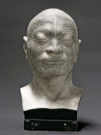 A bust made around 1840 displays Maori tattoos. It was made by Pierre Marie Dumoutier, perhaps the first scientific participant in a colonial expedition to study physical anthropology.