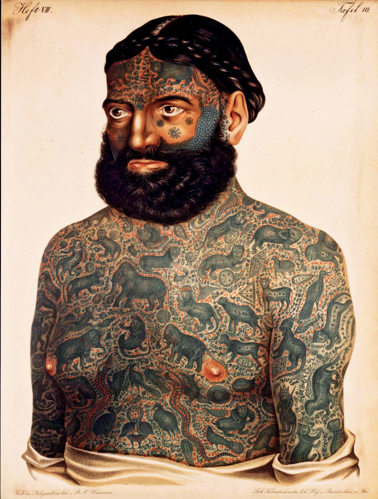 Tattoos have never been more popular, and part of the appeal lies in the rich variety of body-art traditions of the past. This portrait shows a heavily tattooed 19th-century man known as "the Turk." He was an act in Barnum's, a European traveling circus. His tattoos were in the Burmese style, and he was said to have been kidnapped by the "barbarians" of Asia and forcibly tattooed.