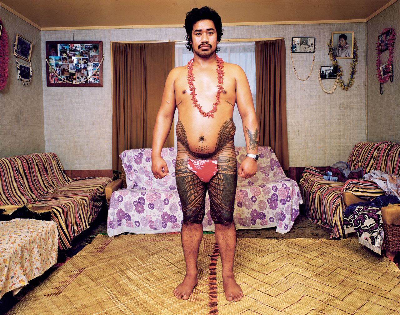 A Samoan man shows off his traditional pe'a, or ritual tattoos that are a marker of manhood.