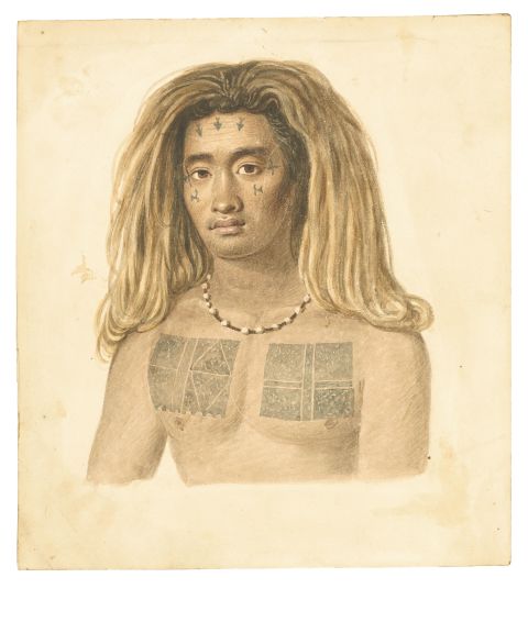 This native of the Pacific island of Tikopia has rectangular chest tattoos thought to have been inspired by flags of passing sailing ships, which were considered symbols of power by indigenous peoples. It dates to 1827.