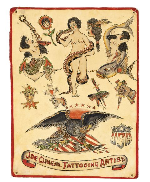 A 1920s American tattoo "flash" or page of design ideas. 