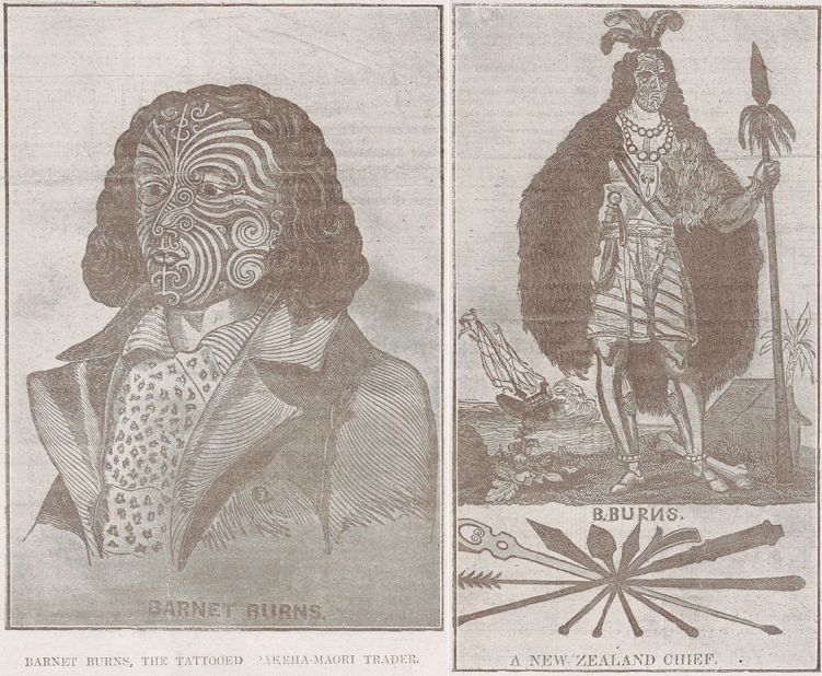 These engravings of fully costumed Maoris from the early 1800s were made by English sailor Barnet Burns, who himself received a full facial tattoo. When he returned to England in 1835, he styled himself as a "New Zealand chief."