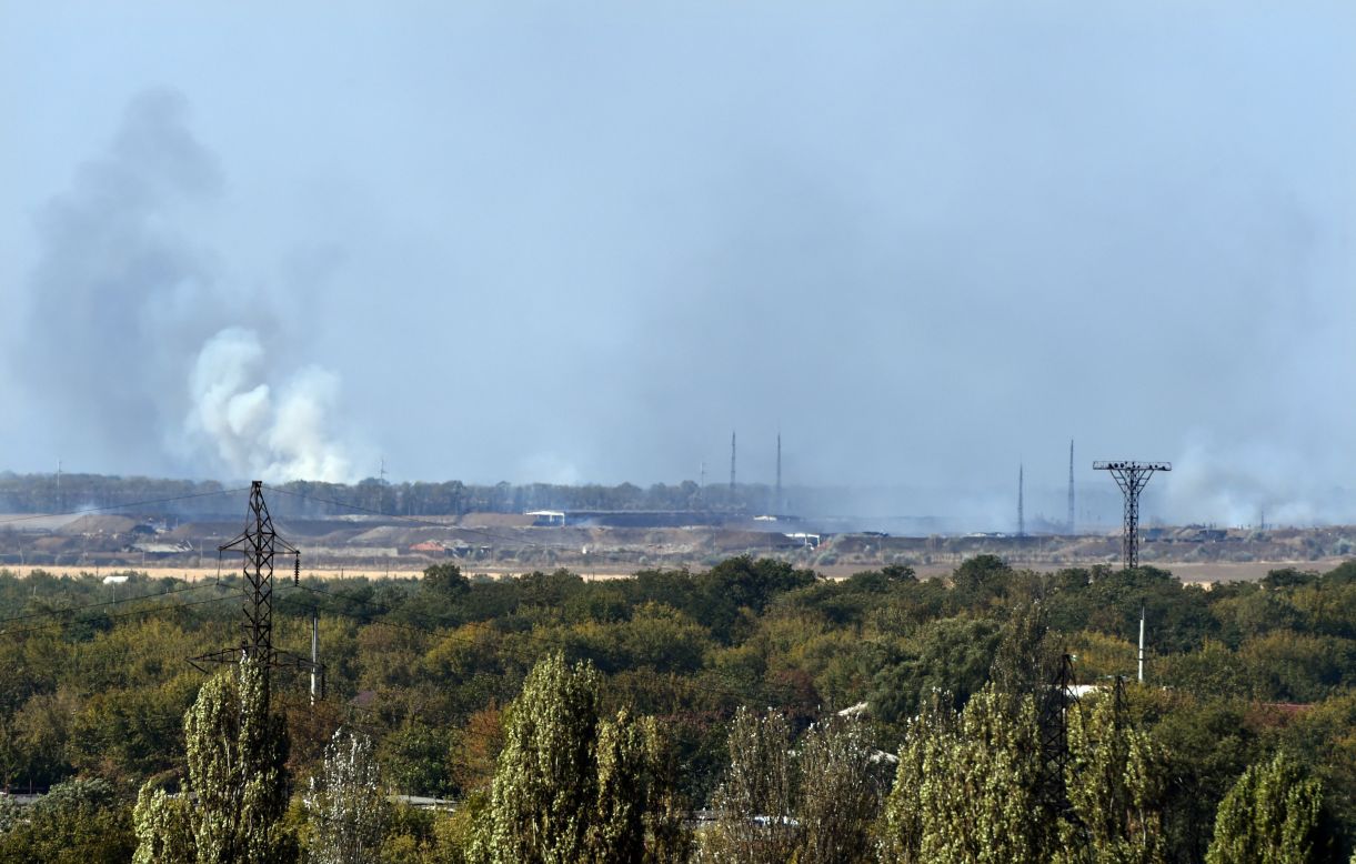 Smoke rises after an explosion at a weapons factory controlled by pro-Russian rebels near Donetsk on September 20. The cause of the explosion was not immediately known.