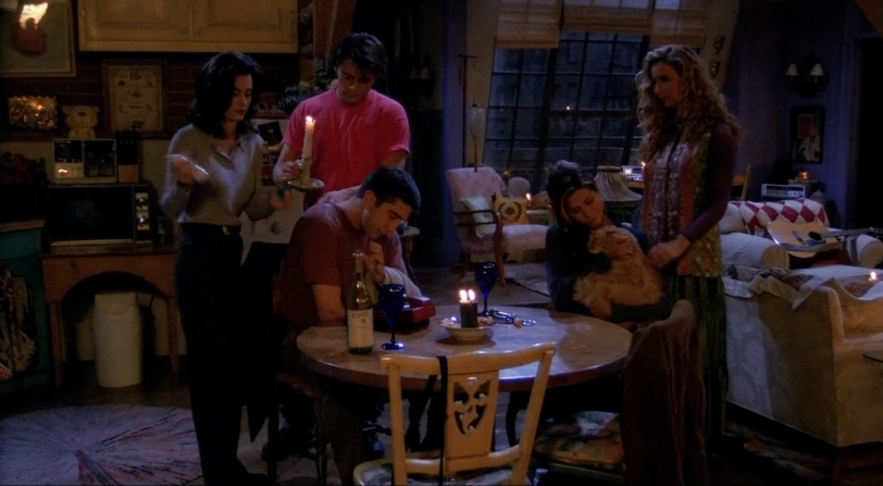 <strong>"The One with the Blackout:" </strong>Among the season 1 episodes, this one is a favorite. When there's a power outage in NYC, all the "Friends" except for Chandler gather at Monica and Rachel's apartment. Chandler, meanwhile is stuck in an ATM vestibule having a flirtation fail with model-of-the-hour Jill Goodacre. <a href="index.php?page=&url=https%3A%2F%2Fwww.youtube.com%2Fwatch%3Fv%3DFvJIbvm596w" target="_blank" target="_blank">"Gum would be perfection!"</a>