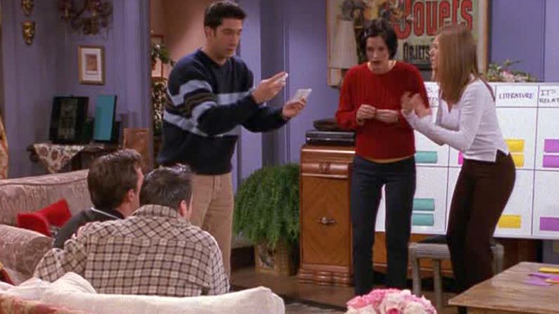 <strong>"The One with the Embryos:"</strong> This season 4 episode is just as well known by its unofficial name, "the one with the quiz." While Phoebe's hoping a fertility procedure works so she can carry her half-brother's kids (yes, real plot), the rest of the "Friends" <a href="index.php?page=&url=https%3A%2F%2Fwww.youtube.com%2Fwatch%3Fv%3DoENQjvY96dM" target="_blank" target="_blank">set up an elaborate trivia game</a> to see who knows each other the best. The prize of this game? Monica and Rachel's apartment. 