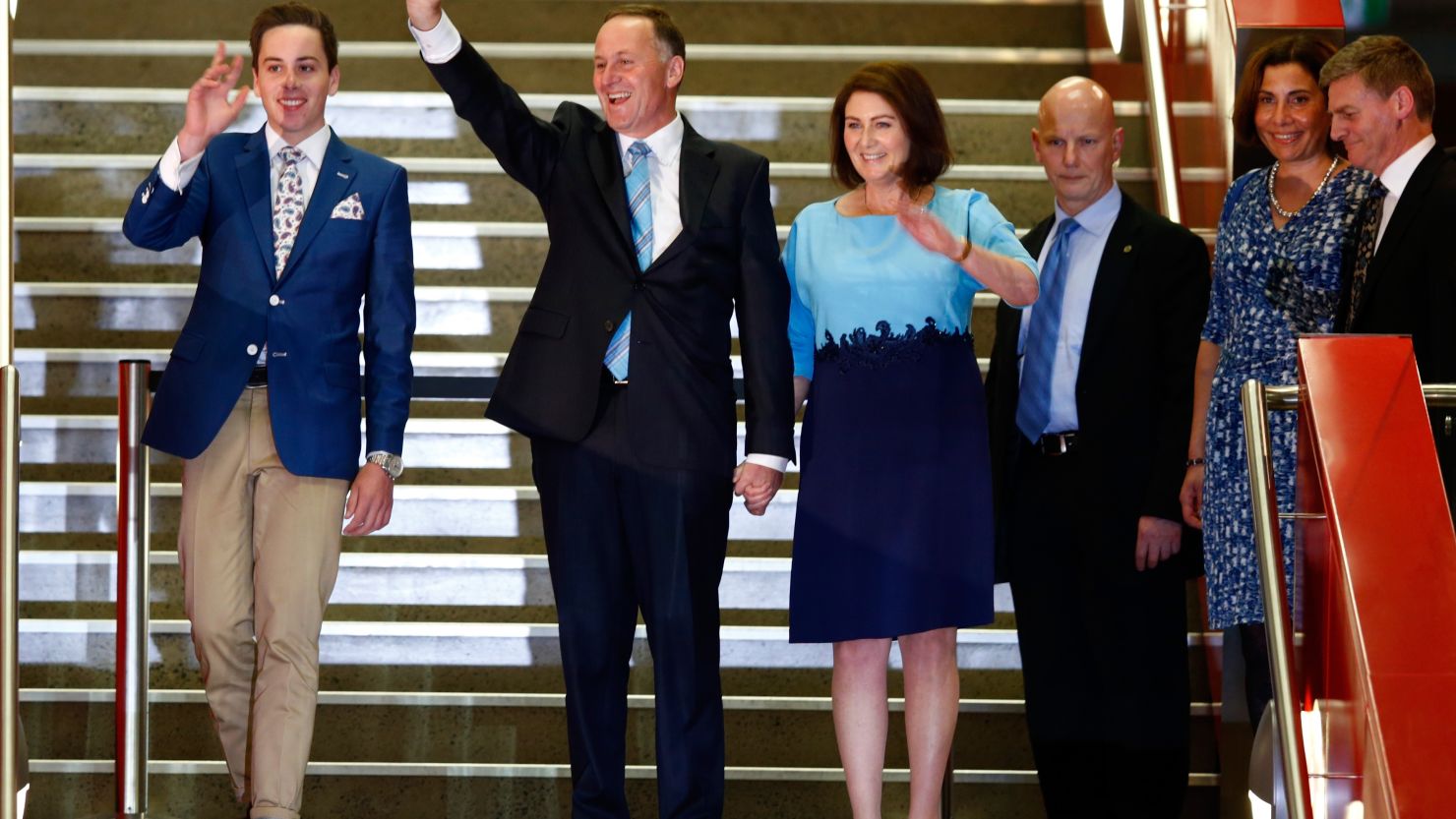 Prime Minister John Key arrives with his wife and son to deliver his victory speech at Viaduct Events Centre on September 20, 2014 in Auckland.