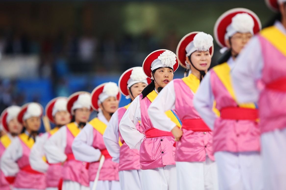 Entertainers perform during the Opening Ceremony of the 17th Asian Games at Incheon Asiad Main Stadium on September 19.