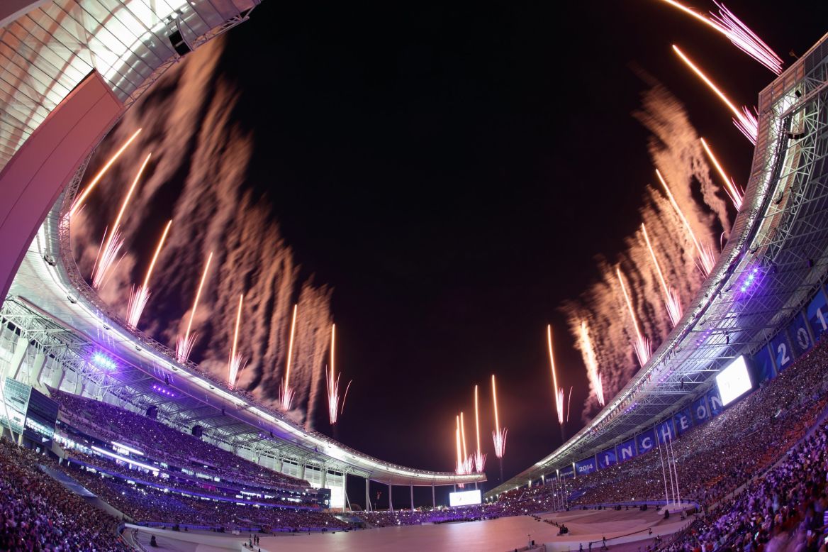 Fireworks light up the sky over Incheon Asiad Main Stadium on September 19.